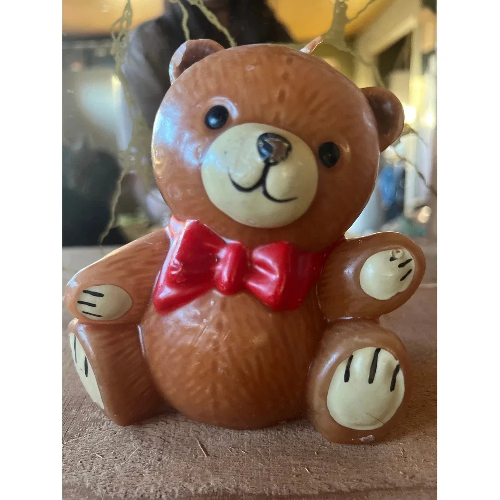 Vintage Teddy Bear Decorative Candle Red Bow Tie Nostalgic Kitsch‎ Decor